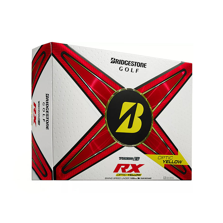 Bridgestone golf ball box with red and white design on a white background