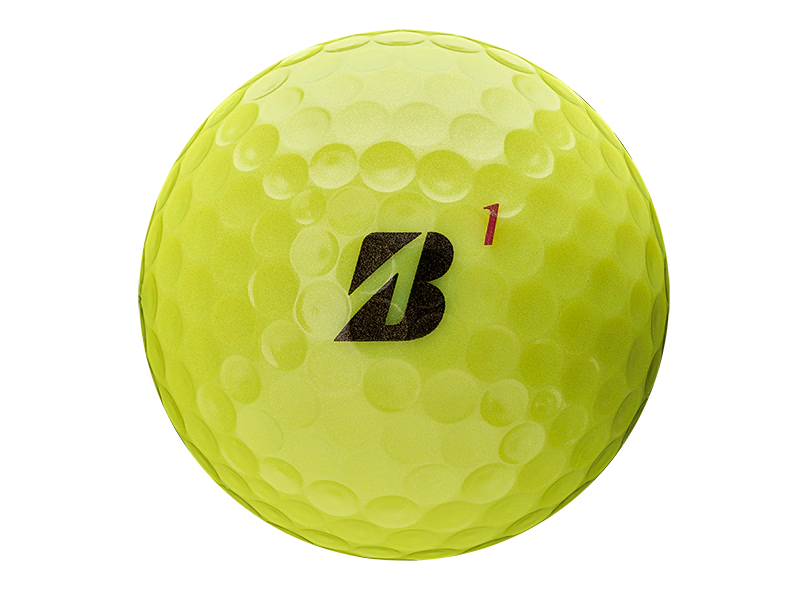 Yellow golf ball with a black logo on a white background