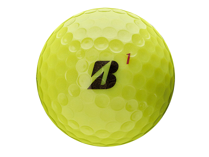 Yellow golf ball with a black logo on a white background