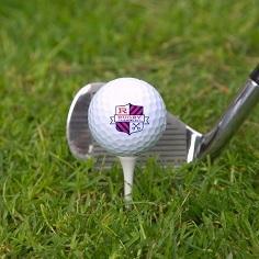 Golf ball printed with a purple crest logo, on a tee next to an iron