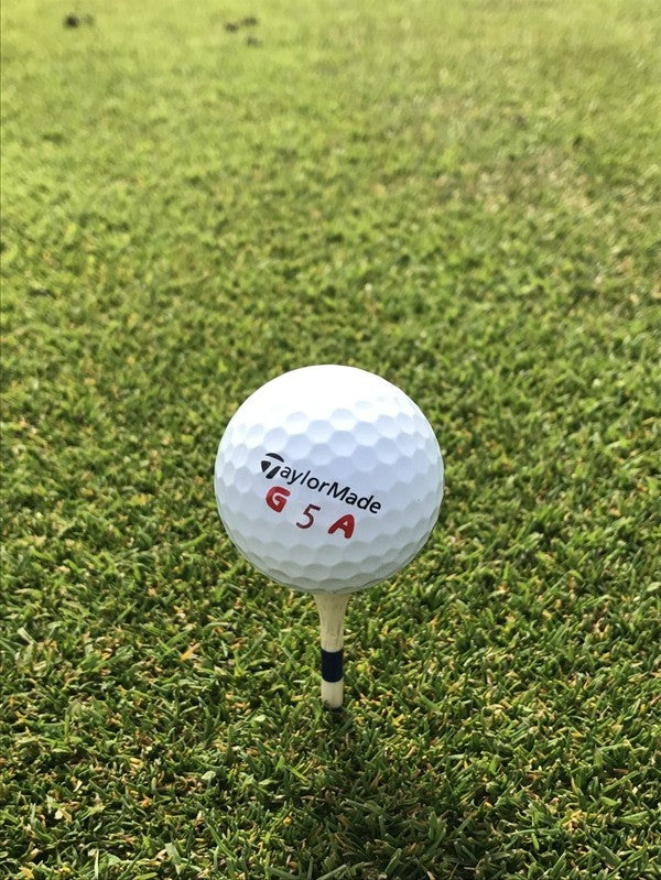 TaylorMade golf ball printed with GSA in red and blue, on a tee